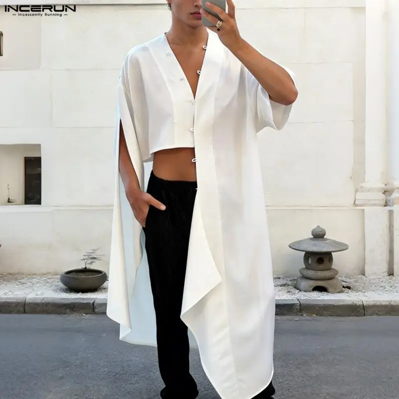INCERUN Men's Irregular Shirt Solid V Neck Asymmetrical Sleeve Long Style Shirts For Man Streetwear Loose 2026 Men Clothes Tops