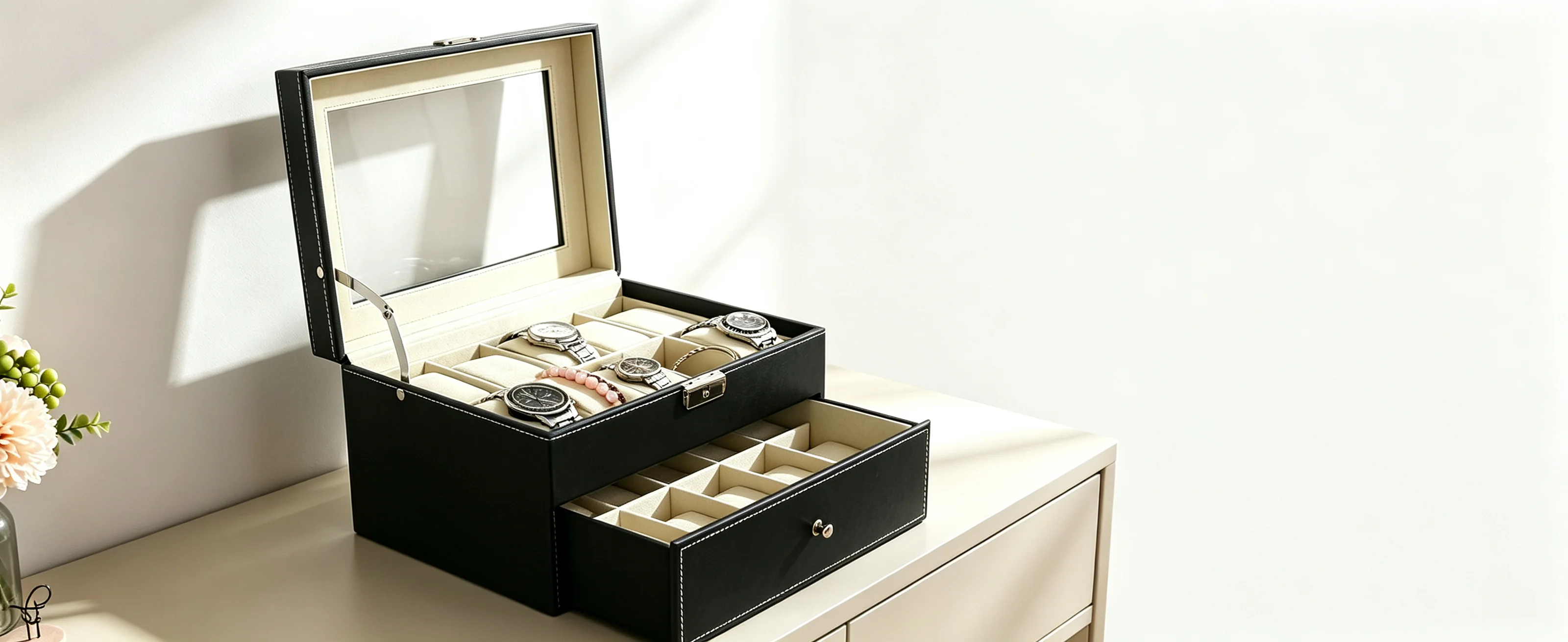 Watches Box with 20 Compartments, Display Stand/Case/Storage Box for 20 Watches, Metal Hinge, PU Leather, High-Glass Top, Black Beige