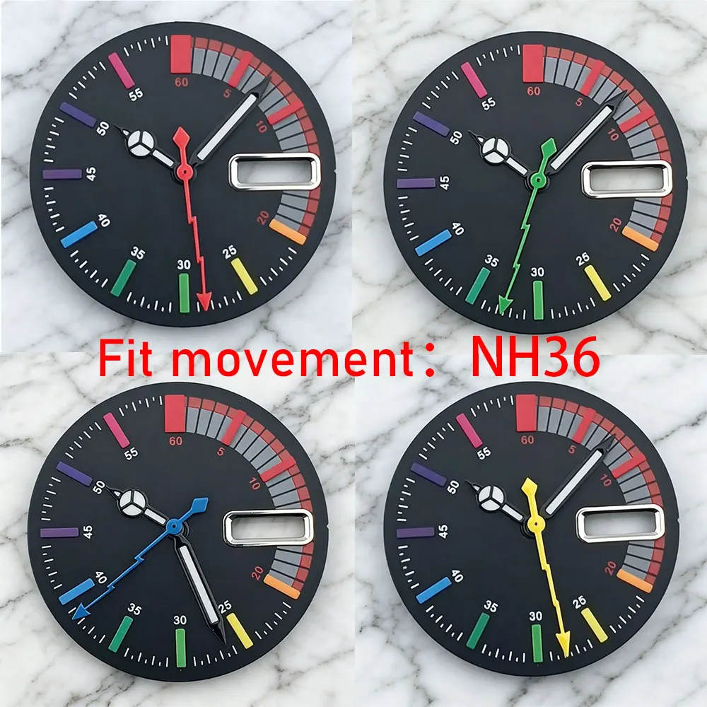 

Циферблат 28,5 мм с радужным эффектом и двойным календарем, стрелки Lightning, подходит для установки в часы с автоматическим механизмом NH36/NH35