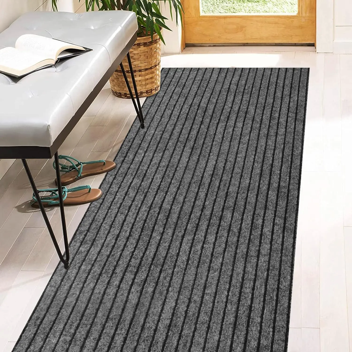 

Коврик-дорожка 2' x 8' с резиновой основой, универсальный ковер для улицы и дома, серый в полоску, для автодомов, лодок, прачечных и балконов