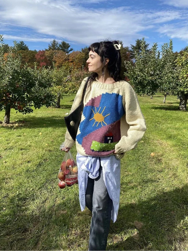 

Nordic Sle Chunky Knit Sweater round Ne oulder Sve Insertion Ladies Sweater Sun House Commute Sle Loose Fit Printed