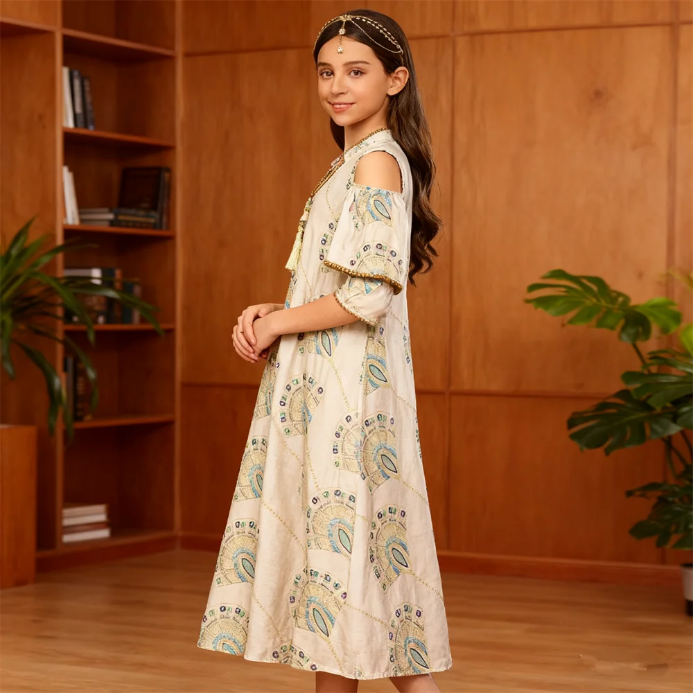 

Ид Абая для детей, длинное платье для девочек, мусульманская Абая, Турция, кафтан, вечерние платья с короткими рукавами, исламская одежда, кафтан, Vestidos