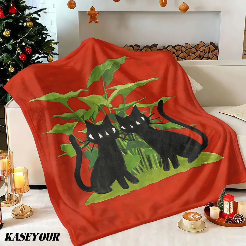 Twin Black Cats Plants Winter Summer Flannel Blanket Throw Fleece Soft Fuzzy Plush Cozy Fleece Blankets for Sofa Ideal Gifts