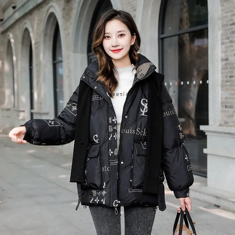 Down Cotton Coat Women 2023 Spring New Fashion Loose Casual Winter Jacket Female Large Size Hooded Letter Print Parkas Trend