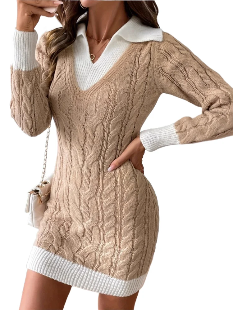 

Elegant Knit Patchwork Dress For Women Fashion Sexy Long Sleeve V Neck Package Mini Dresses Lady Casual Holiday Clothes New