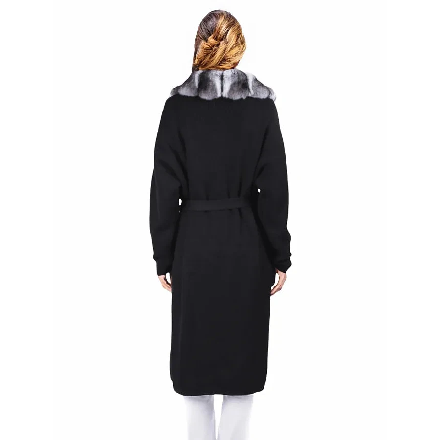 Nuovo cappotto in cashmere da donna misto lana lungo donna inverno nero cincillà Rex pelliccia di coniglio cardigan cappotto