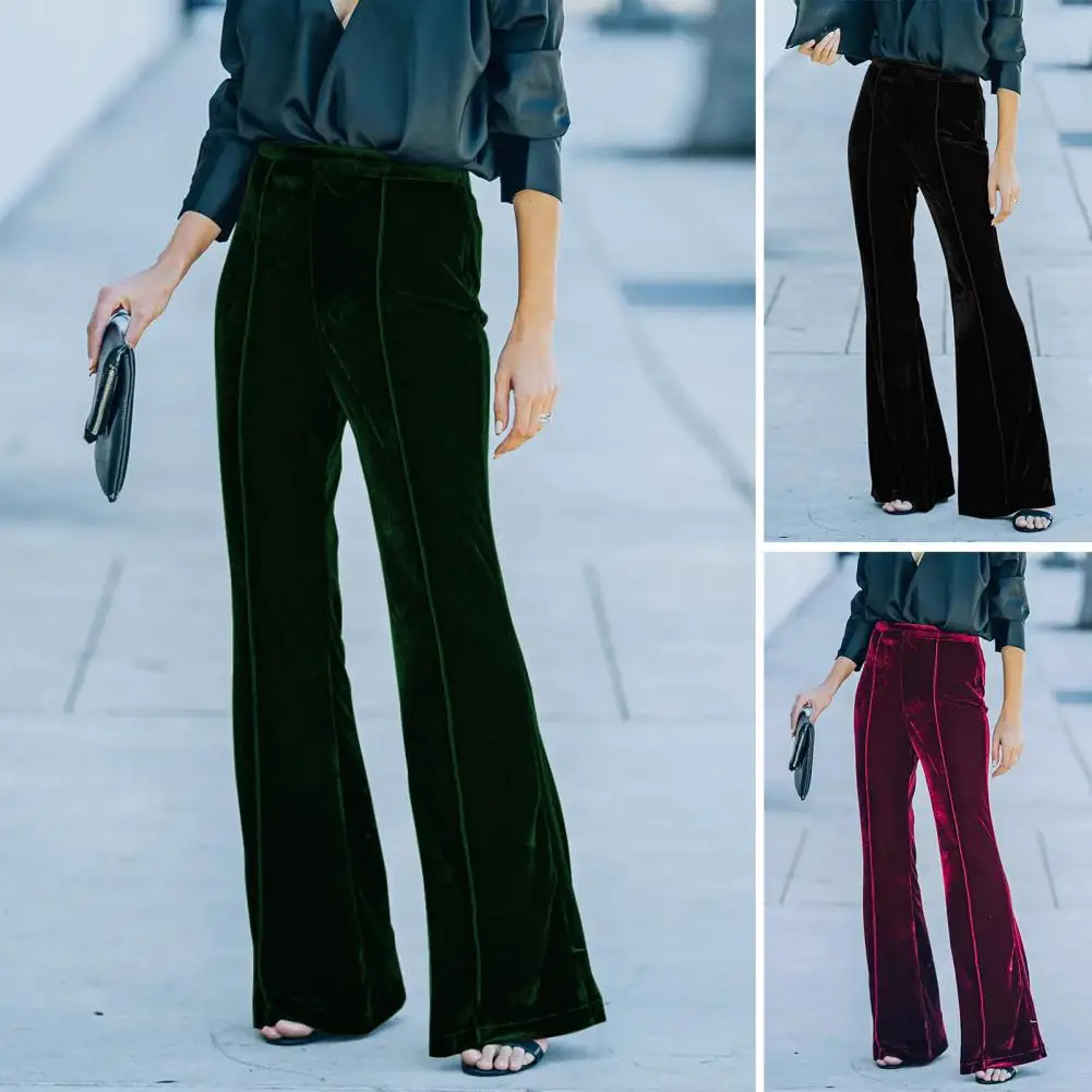 

Wide-leg Pants Elegant Golden Velvet Flared Pants for Women High-waisted Wide Leg Trousers with Effect Urban Style Office Lady