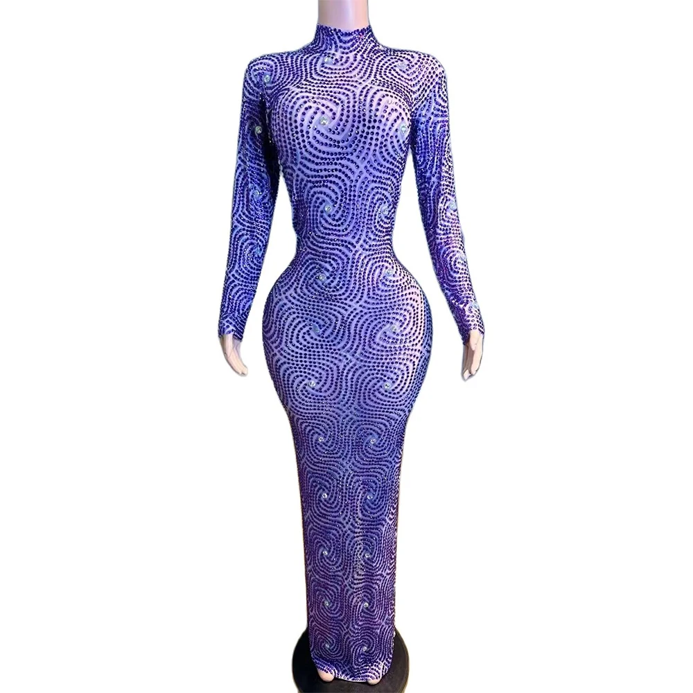 Purple Rhinestones Long Sleevees Mesh Transparent Dress Sexy Stretch Outfit Dance Stage See Through Full Stones Photoshoot Dress