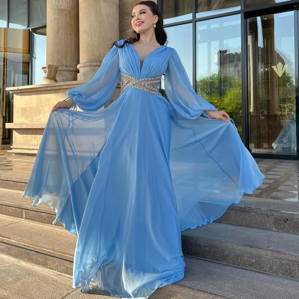 Chiffon Sequined Homecoming A-line V-neck Bespoke Occasion Gown Long Dresses