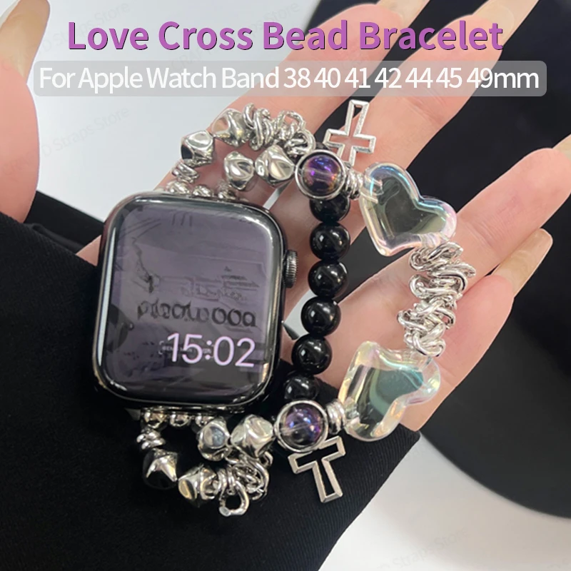 

INS Metal Strap for Apple Watch 44mm Band 41mm 49mm 40 38 Love Cross Bead Bracelet for IWatch Series 9 8 7 SE 6 5 Ultra 2 Correa