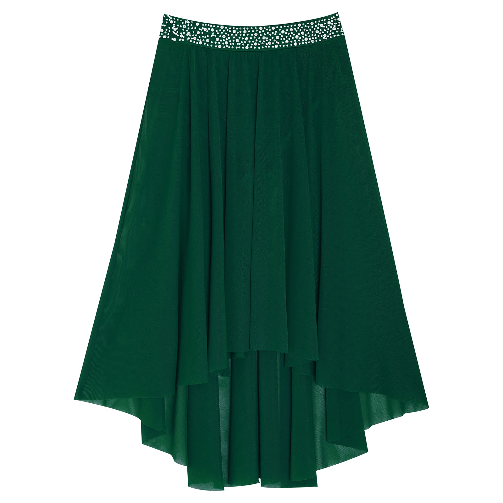 키즈 소녀 발레 서정적 현대 현대식 찬미 댄스 스커트 반짝이는 라인스톤 사이드 슬릿 하이 로우 불규칙 메쉬 스커트