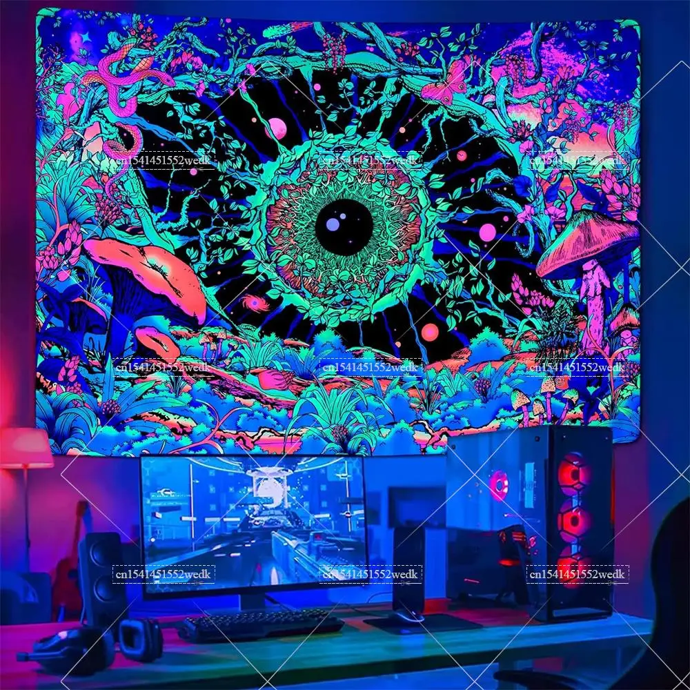 Blacklight Mushroom Tapestry UV Reactive Hippie Eye Butterfly Snake Neon Tapestrys Floral Plants Black Light Wall Tapestries