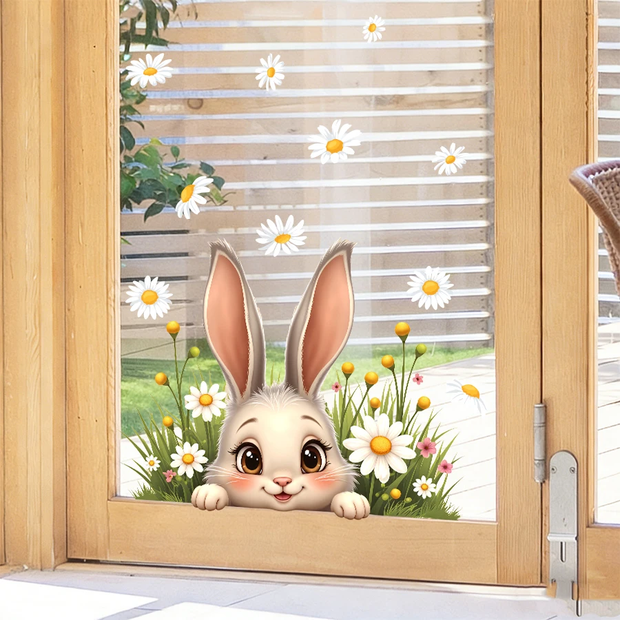 1 Stück Oster-Fensteraufkleber, niedlicher Hase, Blume, statische Fensteraufkleber, wiederverwendbare Glasabziehbilder für Haus, Garten, Kinderzimmer, Osterdekoration