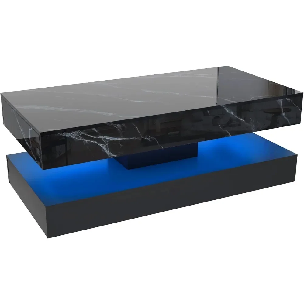 Mesa de centro LED de alto brillo con 2 cajones deslizantes, mesas de almacenamiento para sala de estar, mesas centrales modernas y elegantes de doble capa