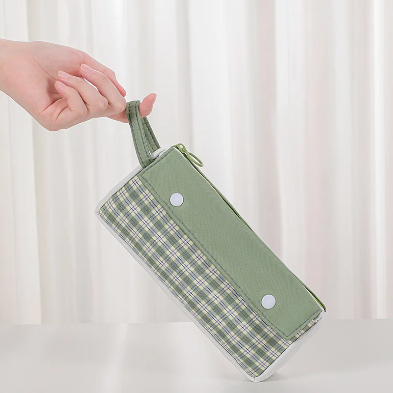 Japanese Style Fresh Plaid Combination Stationery Pencil Case Student Artistic Handheld Double Mouth Pen Bag Storage