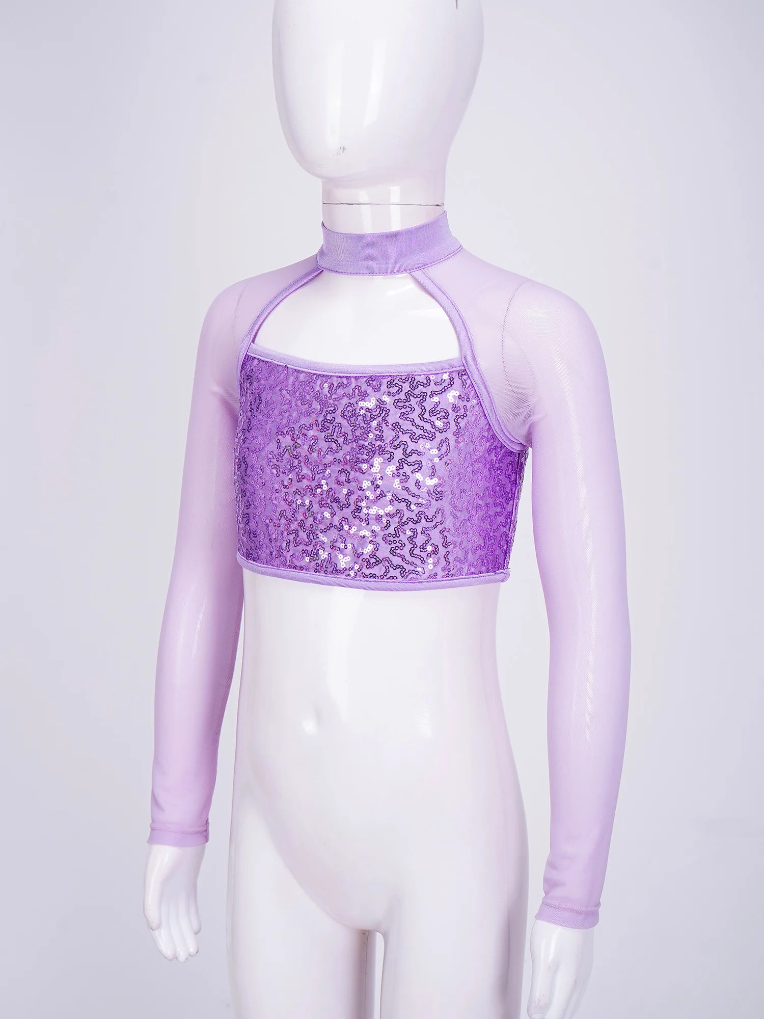 Roupas de dança jazz de manga comprida feminina, lantejoulas brilhantes, gola redonda, tops infantis de dança, balé dançante hip hop, performance