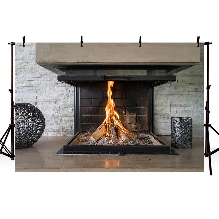 Fireplace Fire Flame Background Winter Brick Wall firewood  Christmas  Backdrop Decoration Customize Photography Studio Props