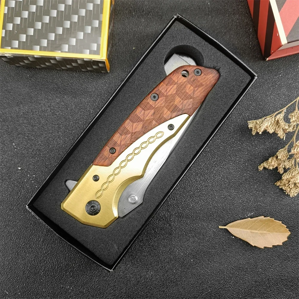 Outdoor Pocket Folding Knife DA77, 5Cr13Mov Blade Brass + Wooden Handle, EDC Camping Survival Hunting Knife Rescue Tool