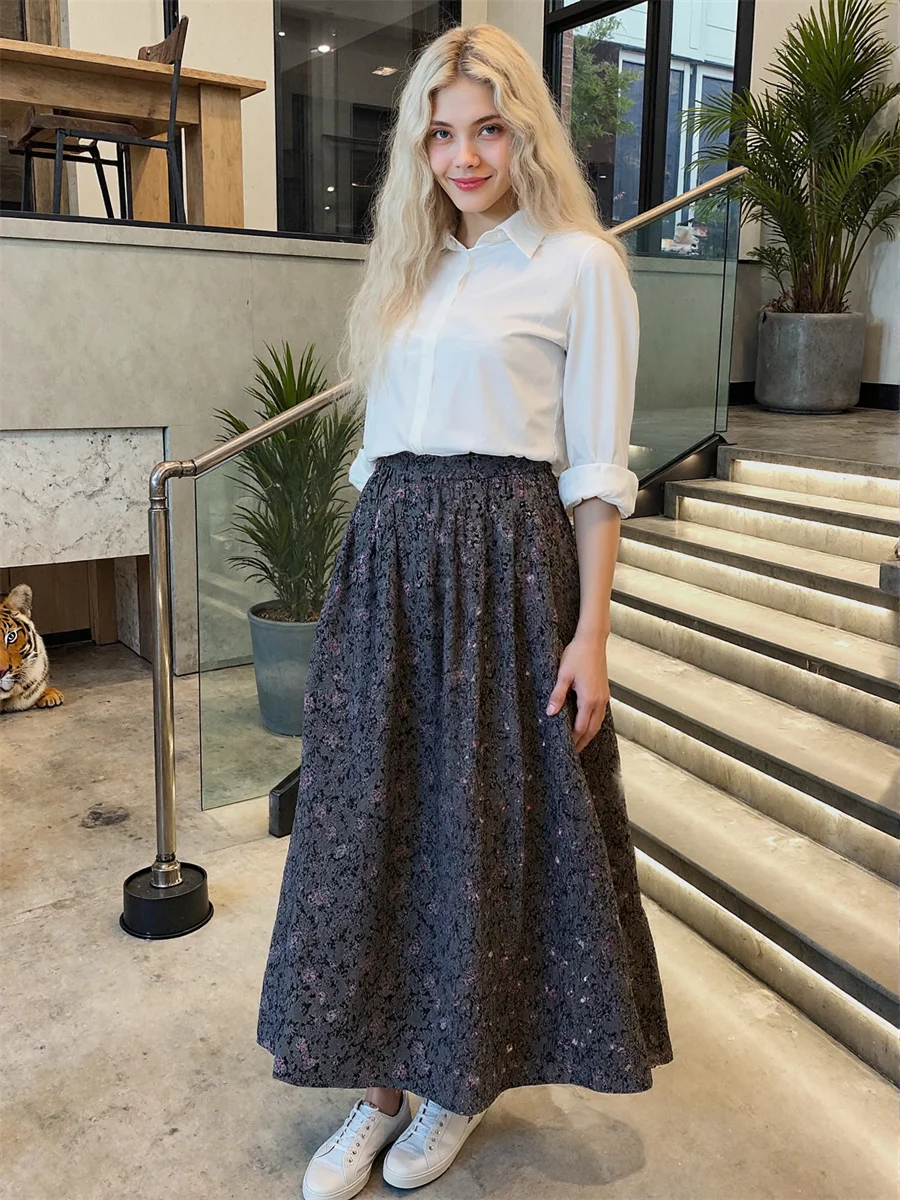 Midi floral impresso saias das mulheres retalhos plissado em camadas malha plissado bolo apliques artístico moderno chique elegante doce