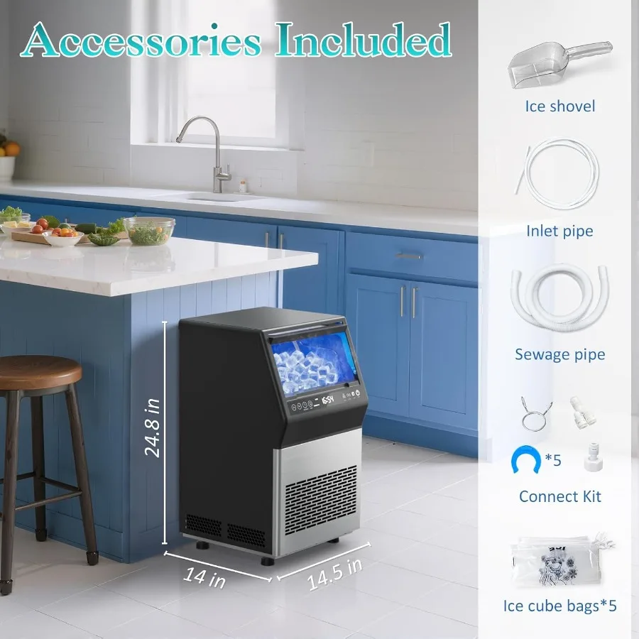 ماكينة صنع الثلج التجارية - ماكينة صنع الثلج بقدرة 110 رطل/24 ساعة، 45 مكعبًا في 8-20 دقيقة مع 3 صنبور إبريق بسمك الثلج