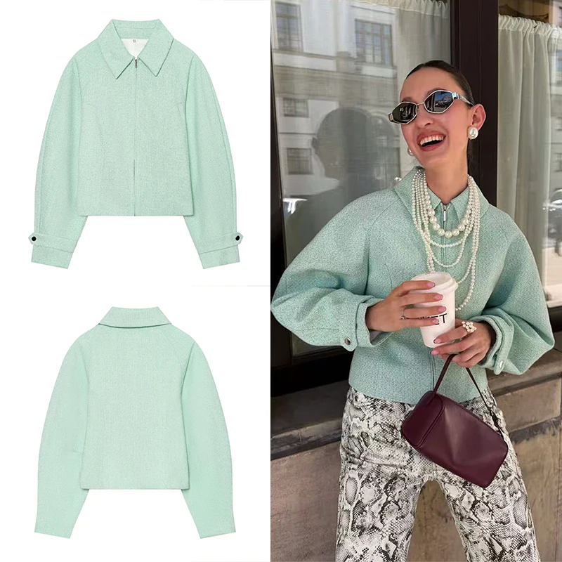 Guobioziy 2026 Early Autumn Women's Collared Zipper Textured Short Jacket Loose Cuff Button Casual Street Style Outfit