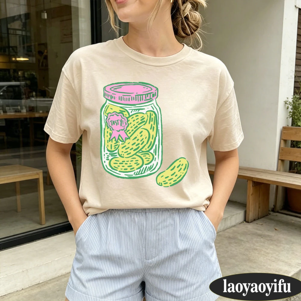 2026 Green Outline Pickle Jar Line Sketch Graphic Women T-shirt Casual Summer Cotton Short Sleeve Fashion Casual Tee