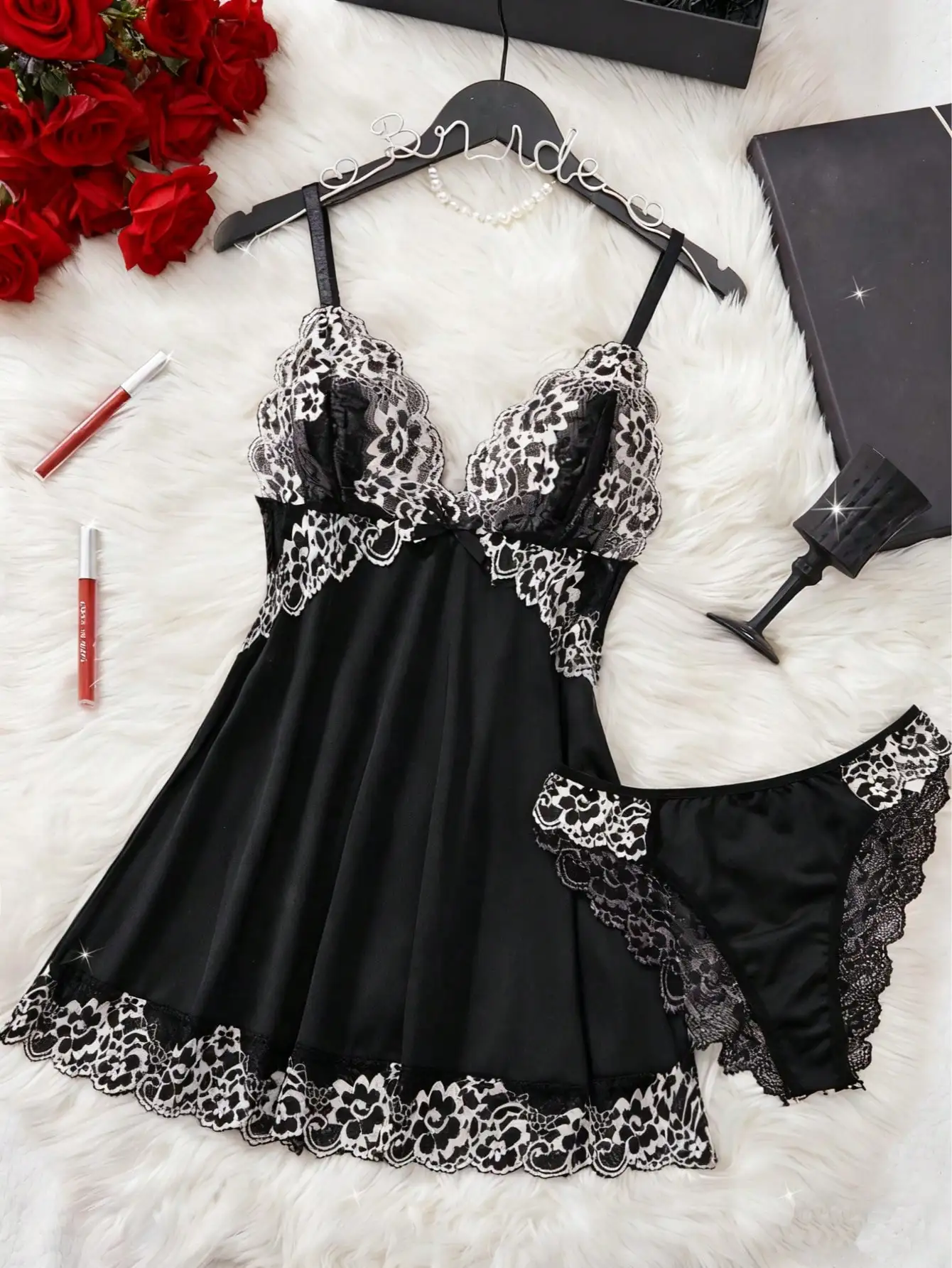 

Black Floral Lace Trim Sleepwear Set - V-Neck Nightgown & Matching Panties