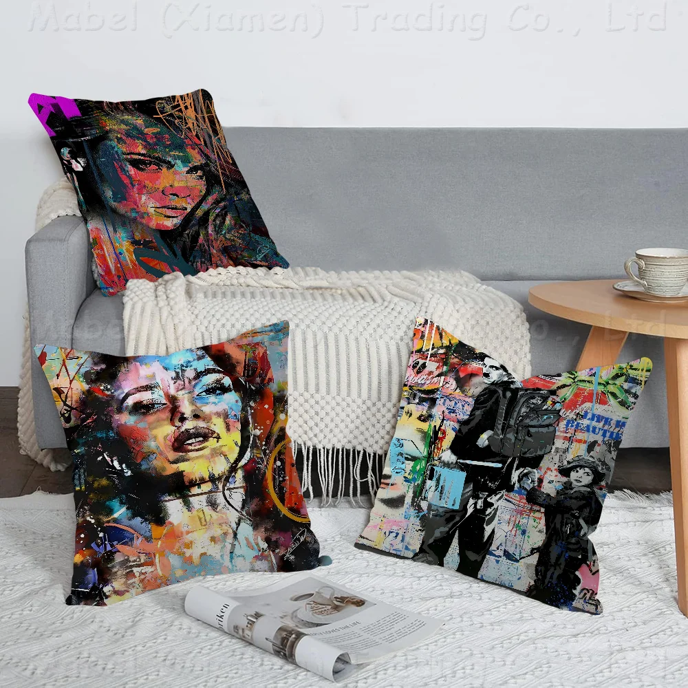 

Modern Graffiti Aesthetic Wall Art Banksy Pop Portrait Pillow Cover For Bedroom Room And Living Sofa Decorative Cushion Cover