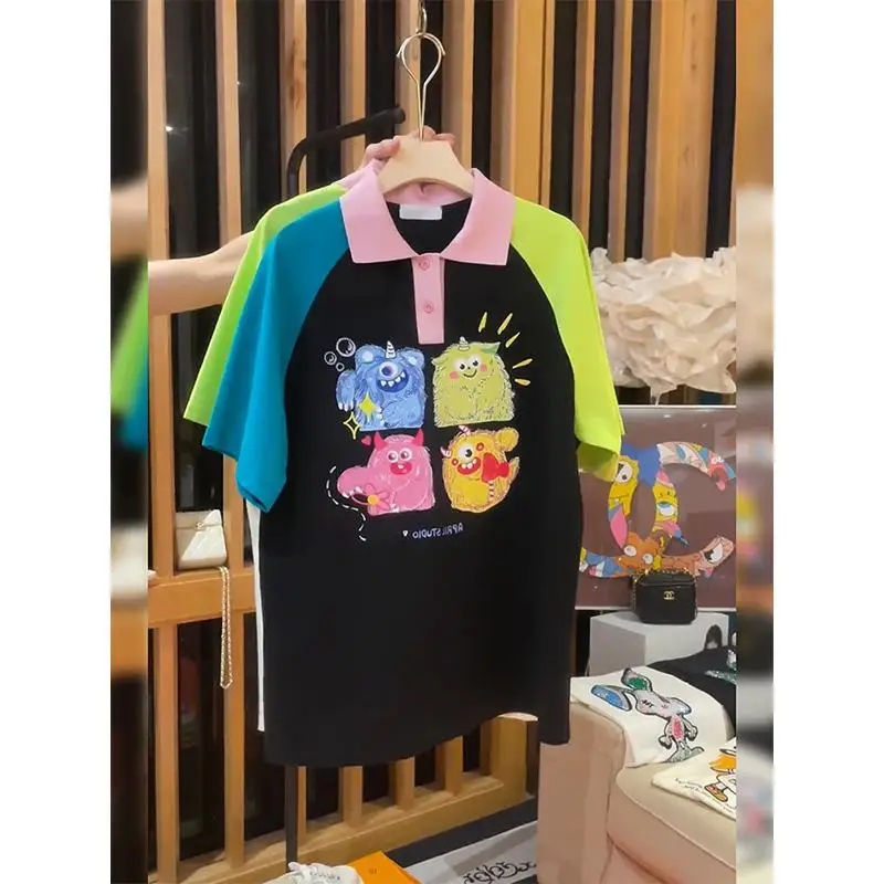 2024 New Oversized Female Casual Korean Patchwork Turn-down Collar Short Sleeve T-Shirt Summer Cute Cartoon Buttons Polo Shirts