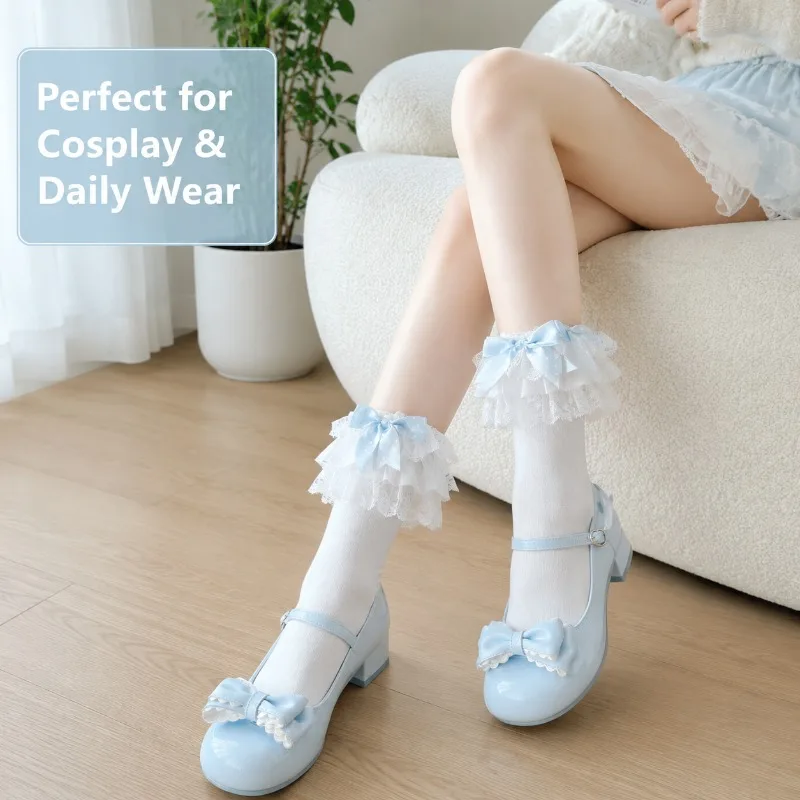 Sweet Pink Bow Lace Ruffle Mid Calf Socks Women Breathable Soft Cotton Lolita Daily Dating Party Cosplay Uniform Women Socks