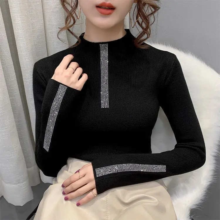 

Women Autumn and Winter Casual Simplicity Solid Color Diamonds Turtleneck Knitwear Women Clothes Fashion All-match Slim Sweater