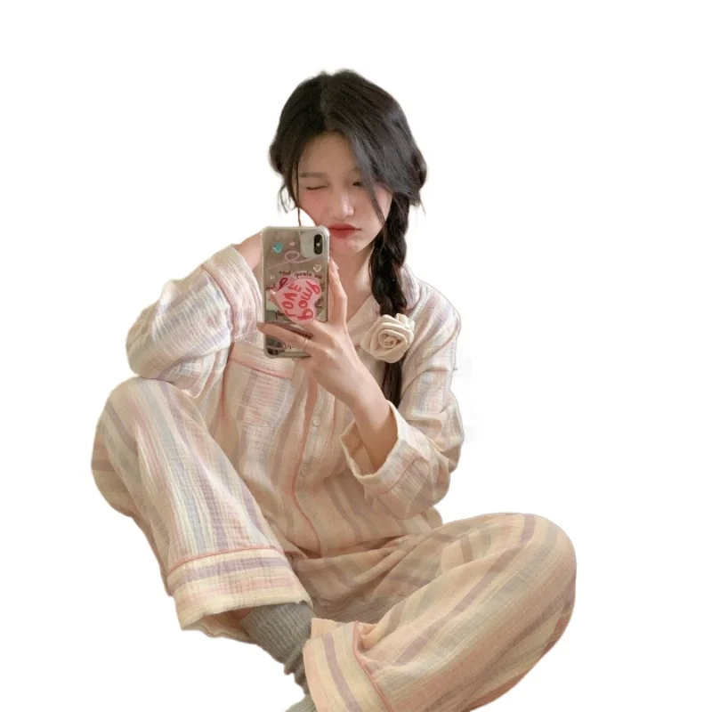 Striped Sleepwear Women Pajama Sets Korean Piiama Autumn Pants Sets for Women 2 Pieces Button Night Wears Long Sleeve Home Suit