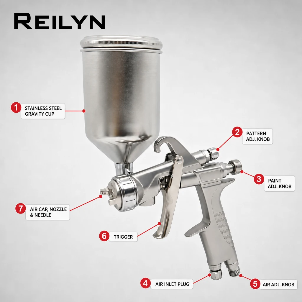 Reilyn Gravity Pneumatic Spray Gun 1.0/1.3/1.5/1.8 mm Nozzle Kit Stainless Steel Spray Gun for Cars Furniture Parts Painting