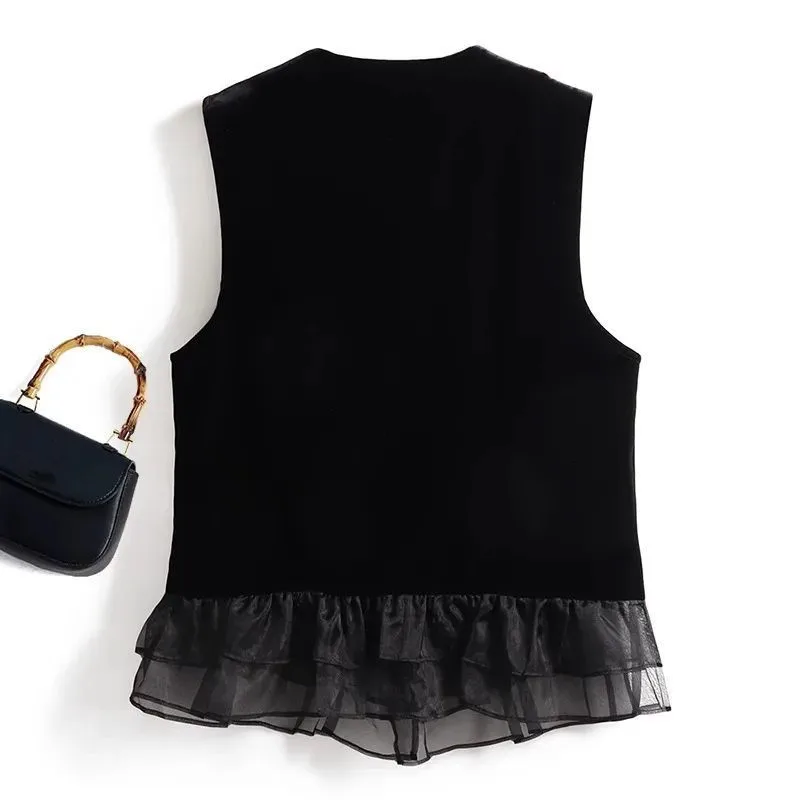 Botão frontal plissado guarnição colete de veludo preto feminino 2025 primavera outono sem mangas jaqueta casaco elegante senhoras cardigan topo