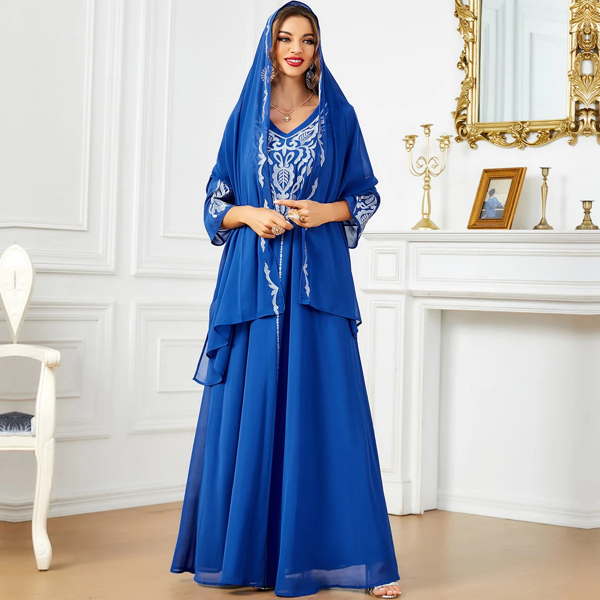 

Morocco Arabian Embroidered Robe with Scarf Muslim Middle East Costume Abaya Fashion Dubai Long Dress Muslim Women Dress Vestido