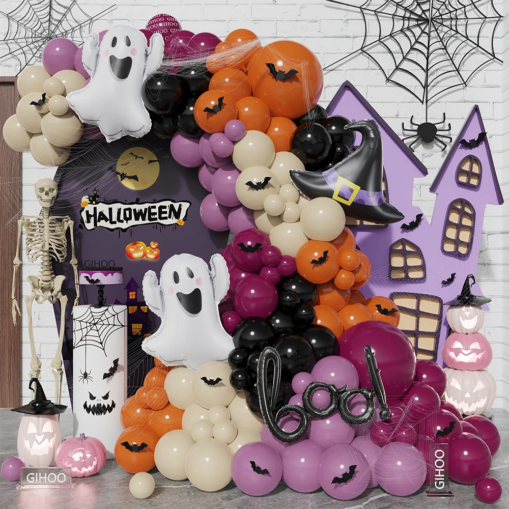 

128Pcs Halloween Balloons Garland Kit Orange Black Purple Balloon Arch Witch Hat Ghosts Foil Balloon Spooky Boo Day Party Decor