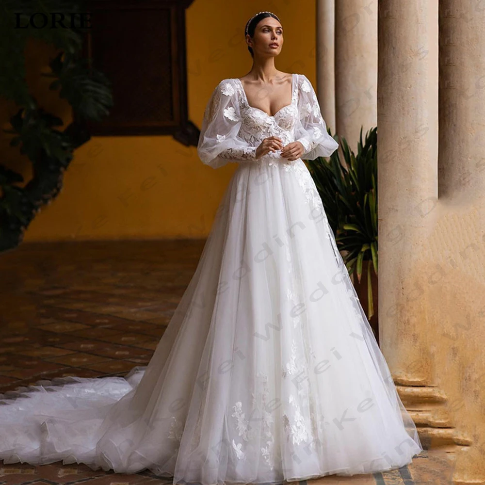 

Sexy Sweet Wedding Dresses Beautiful Lace Applique Vintage A-Line Off Shoulder Fluffy Long Sleeves Simple Mopping Bridal Gowns