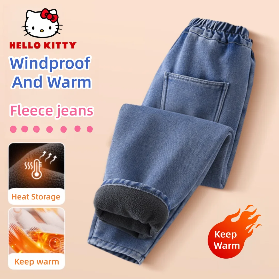 

Детские джинсы с флисовой подкладкой Hello Kitty, осенне-зимние утепленные плюшевые джинсы, детские ветрозащитные морозостойкие джинсовые брюки