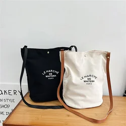 Large Capacity Canvas Bag Women Casual Shoulder Bag PU Leather Strap Letter Printing Crossbody Bag Fashion Buckle Bucket Bag