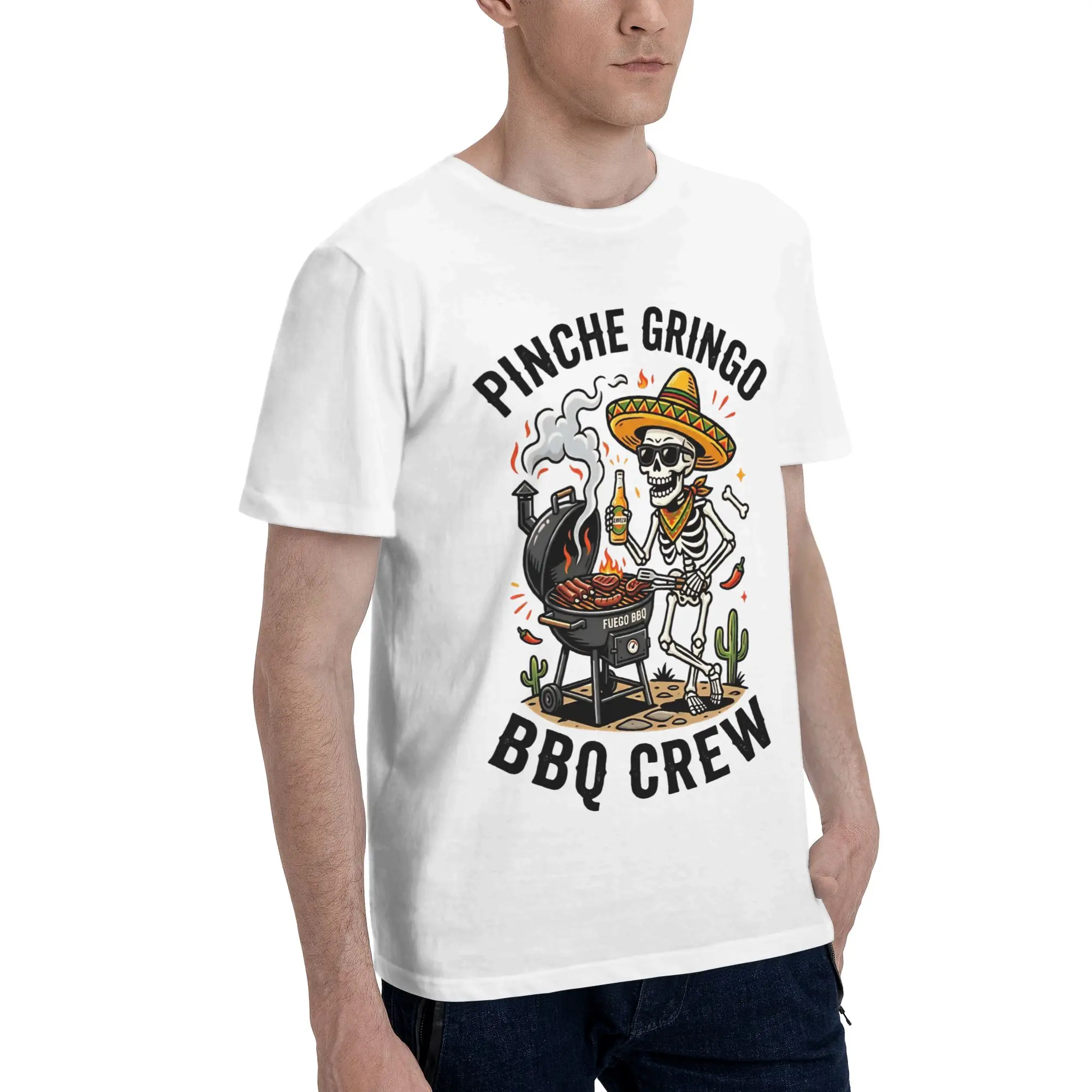 Pinche Gringo BBQ Crew Skeleton Grilling Beer Graphic Printing T Shirt for Men Women  Cotton  Tee Shirt Clothing
