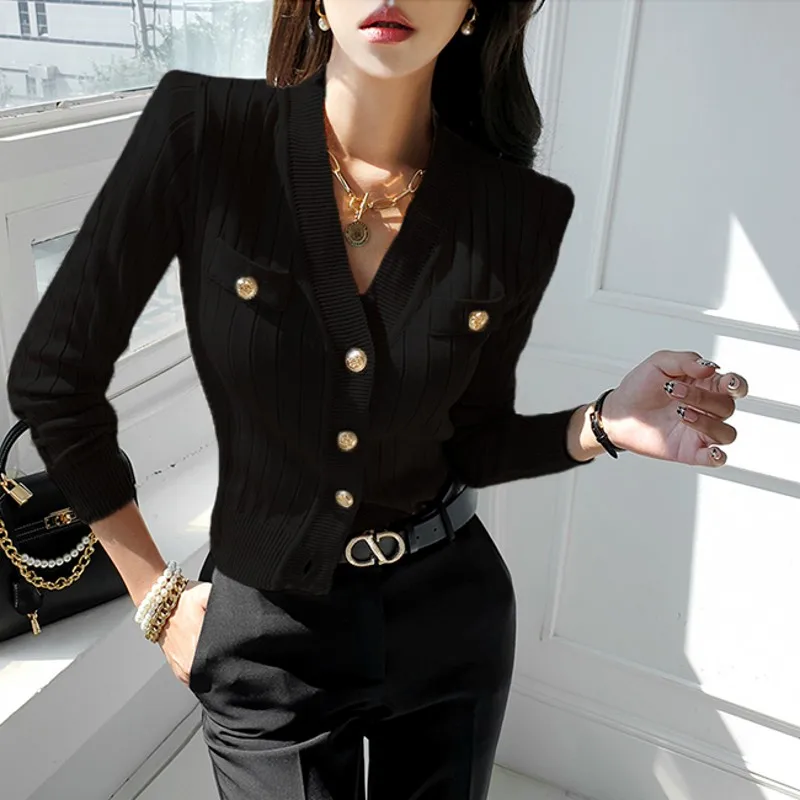 Spring Fall Korean Women's All-Match Long Sleeve Luxury Cardigan Sweater Elegant Knitted Top Coat