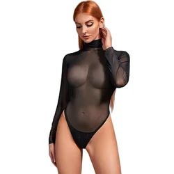 2026NEW Black Turtleneck Long Sleeve Sexy See Through One-pieces silk Bodysuits Women Night Club thin Romper TOPS 3XXL Plus Size
