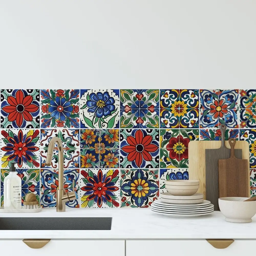 12Pcs Mandala Pattern Backsplash Tile Stickers Waterproof Multicolor Design Tile Decals Classic Style PVC Peel and Stick Tile