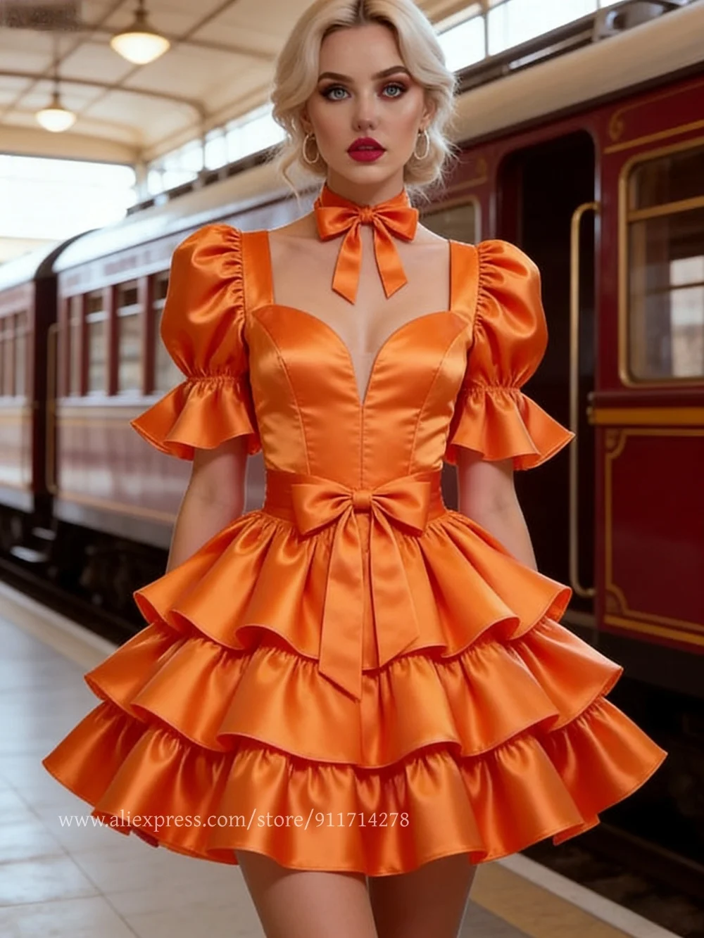 Kurzes Ballkleid mit Rüschen, Puffärmel, Mini-Cosplay-Party-Kostüm, maßgeschneidertes Heimkehr-Geburtstags-Abendkleid für besondere Anlässe