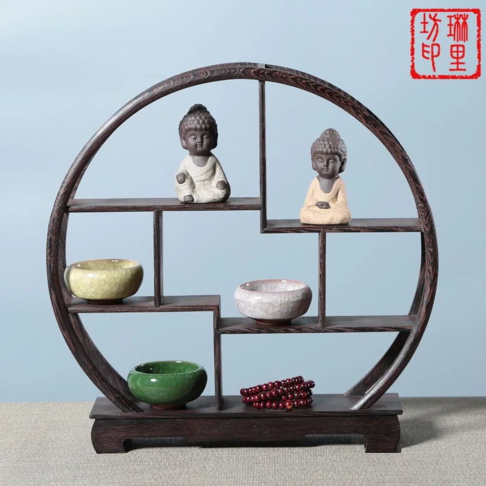 Delicate Solid Wooden Antique Display Frame Multi Patterns Shelf Chinese Style Storage Purple Clay Pot Tea Ornaments Home Decor