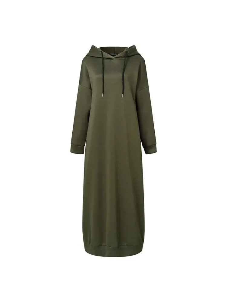 Merry Pretty Autumn Long Pullover Hoodie Dress Women Loose Simple Solid Hooded with Pocket Islam Lady Daily Casual Dresses