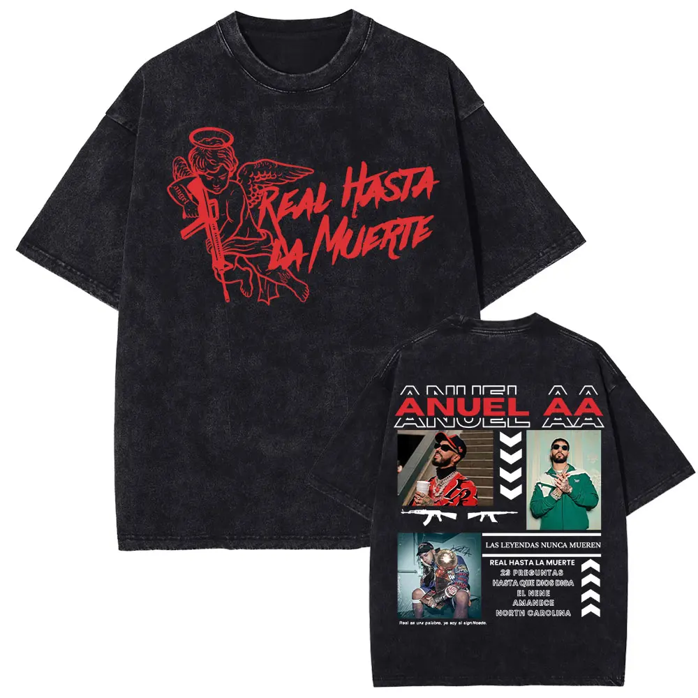 

Anuel AA Real Hasta La Muerte Новый альбом Футболки Мужчины Женщины Harajuku Готическая стираная футболка Повседневная хлопковая свободная футболка Уличная одежда