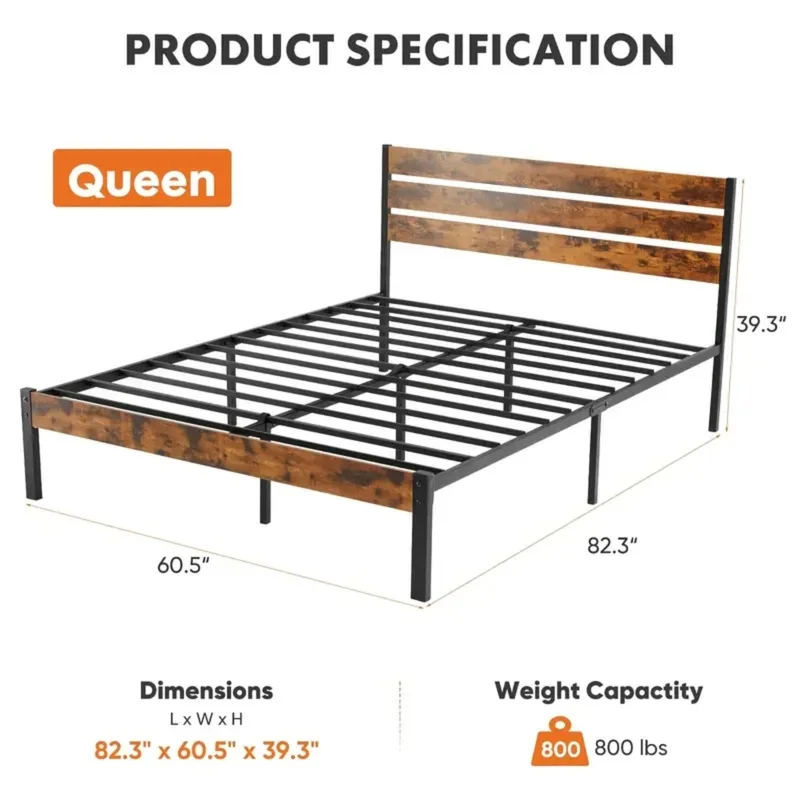 Queen Size Bed Frame with Headboard Heavy Duty Metal Wood Storage Solution Easy Assembly No Box Spring Required Strong Stability