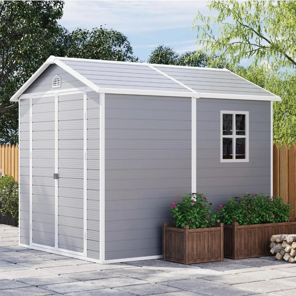 

Plastic Outdoor Storage Shed with Floor, Perfect To Store Patio Furniture, Garden Tools Bike Accessories, Lawn Mower 6 X 8 FT