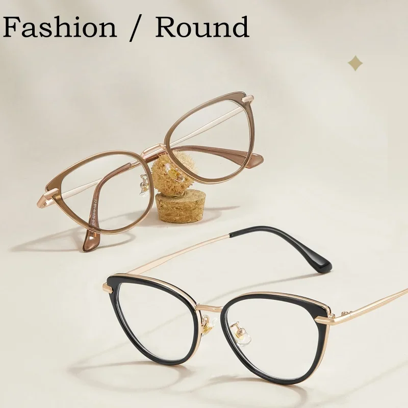 OLLYMURS New Retro Alloy Glasses Frame Women Cat Eye Optical Prescription Eyeglasses Fashion Trend Plain Makeup Ins Style